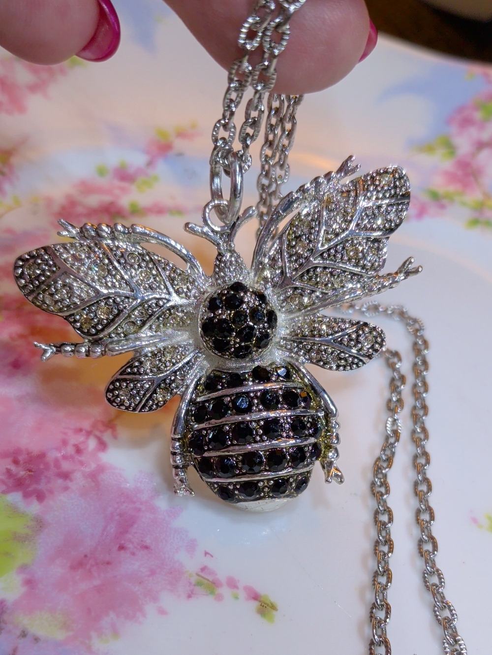 Sparkling Black And Clear Crystals Bee Pendant Necklace 24" Long